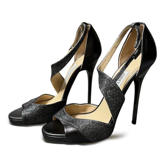 Jimmy Choo Tyne Anthractive Asymmetrical Gunmetal Glitter Heel Sandals - Picture 2 of 8